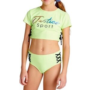 Justice Sport Girls Neon Lime Green Lace Up 2 Piece Swimsuit Set XL 16/18
